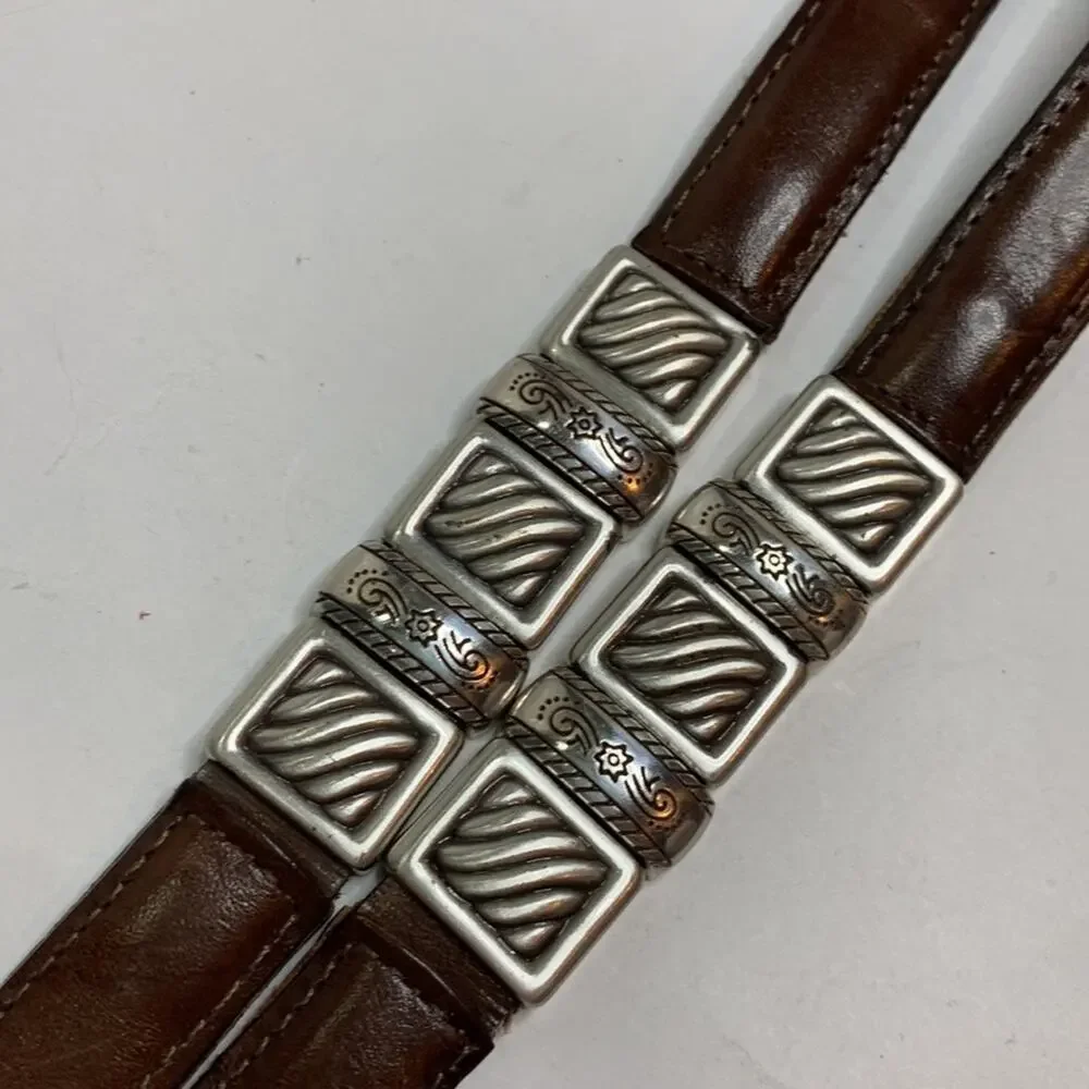Brighton Women’s Brown Leather Silver Buckle Embellished Skinny Belt Sz 30